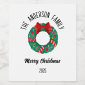 Christmas Wreath Red Bow Lights Personalized Name Wijn Etiket (Enkel label)