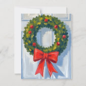 Christmas Wreath Red Bow White Watercolor Feestdagenkaart (Voorkant)