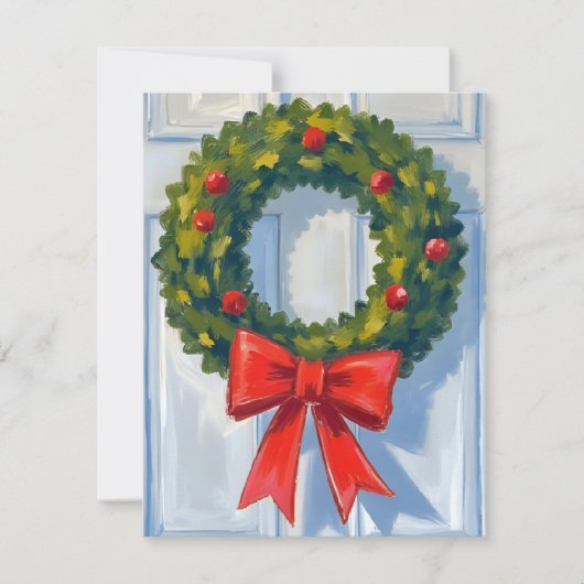 Christmas Wreath Red Bow White Watercolor Feestdagenkaart (Voorkant)