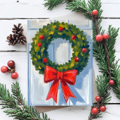 Christmas Wreath Red Bow White Watercolor Feestdagenkaart