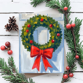 Christmas Wreath Red Bow White Watercolor Feestdagenkaart