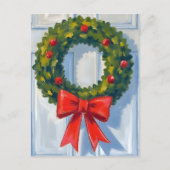 Christmas Wreath Red Bow White Watercolor Feestdagenkaart (Voorkant)