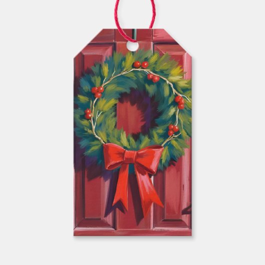 Christmas Wreath Red Door Watercolor Cadeaulabel (Voorkant)