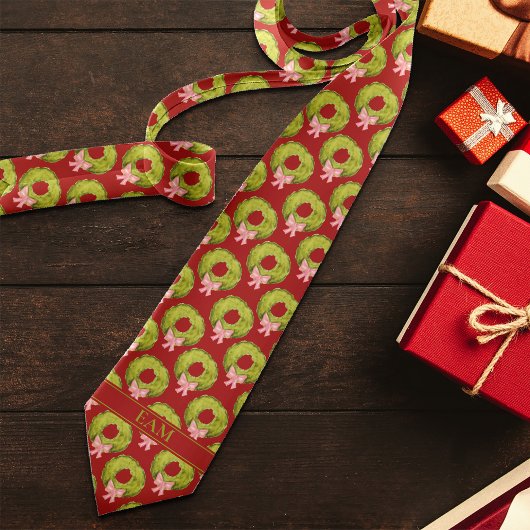 Christmas Wreath Red Green Novelty Voeg Initialen  Stropdas