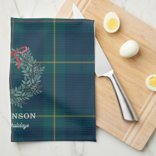 Christmas Wreath Tartan Plaid Family Name Theedoek (Quarter Fold)