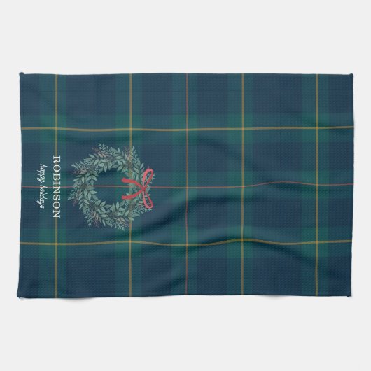 Christmas Wreath Tartan Plaid Family Name Theedoek (Horizontaal)