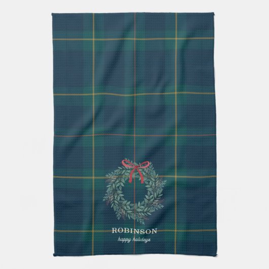 Christmas Wreath Tartan Plaid Family Name Theedoek (Verticaal)
