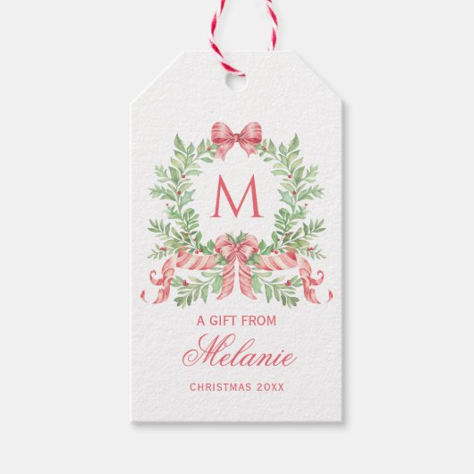 Christmas Wreath w/ Bow | Monogram Cadeaulabel (Voorkant)