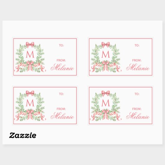 Christmas Wreath w/ Bow | Monogram Rechthoekige Sticker (Vel)