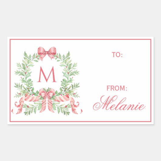 Christmas Wreath w/ Bow | Monogram Rechthoekige Sticker (Voorkant)