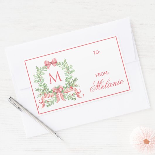 Christmas Wreath w/ Bow | Monogram Rechthoekige Sticker (Envelop)
