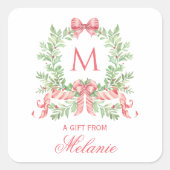 Christmas Wreath w/ Bow | Monogram Vierkante Sticker (Voorkant)