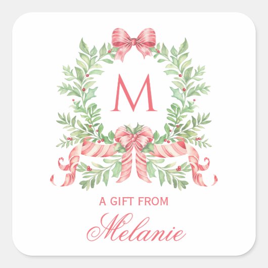 Christmas Wreath w/ Bow | Monogram Vierkante Sticker (Voorkant)