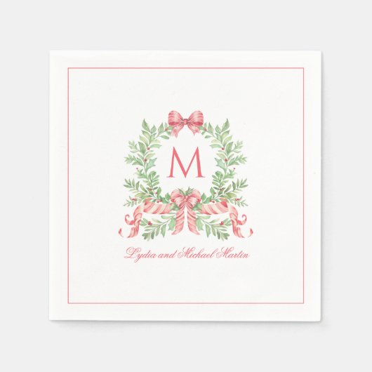 Christmas Wreath w Candy Cane Bow | Monogram  Servet (Voorkant)