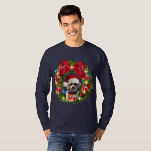 Christmas Wreath With Poodle Santa Hat T-Shirt (Voorkant volledig)