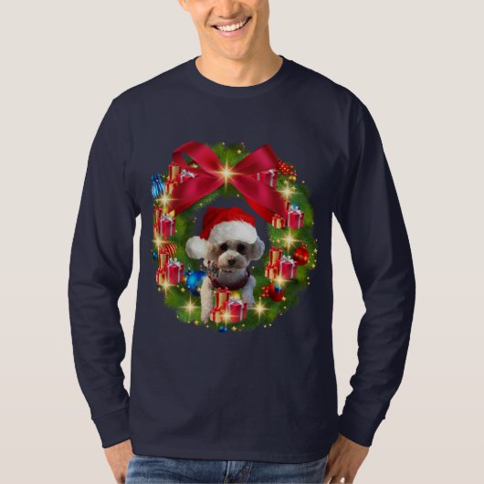 Christmas Wreath With Poodle Santa Hat T-Shirt (Voorkant)