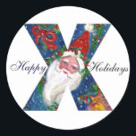 CHRISTMAS X BRIEF / SANTA CLAUS MET RODE RIBBON RONDE STICKER<br><div class="desc">X initiaal letter kerstmonogram ontwerp. Kleurrijk,  fris en artistiek acrylschilderij voor Kerstmis. Santa Claus,  sneeuwwinternacht met bloemige ornamenten,  kat,  rode boog,  groene decoratieve planten,  rode linten,  holbessen,  poppen en speelgoed in de sneeuw door Bulgan Lumini (c) com</div>