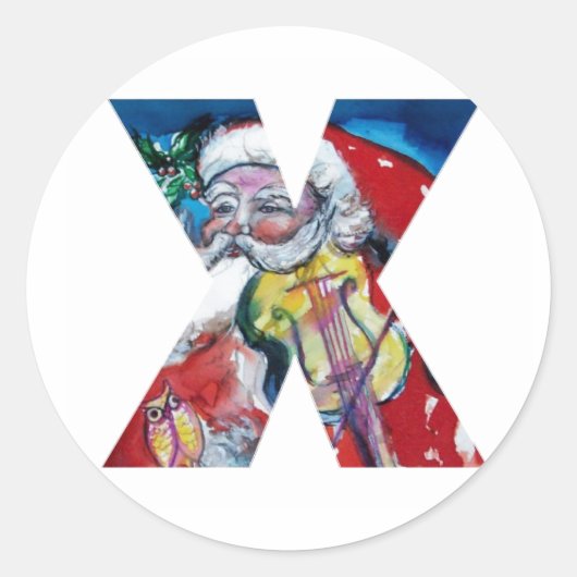 CHRISTMAS X BRIEF / SANTA MET VIOLIN MONOGRAM RONDE STICKER (Voorkant)