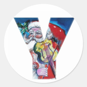 CHRISTMAS Y BRIEF/SANTA MET VIOLIN MONOGRAM RONDE STICKER