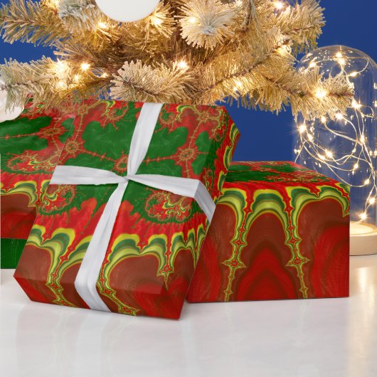CHRISTMAS ~ Yellow Fractal Pattern Green Red ~ Cadeaupapier (Feestdagen)