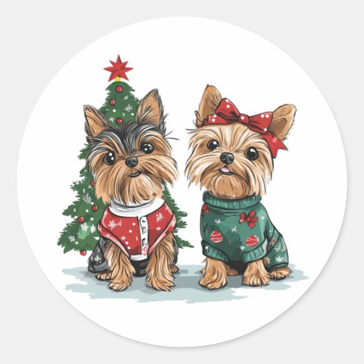 Christmas Yorkie Dogs Ronde Sticker (Voorkant)