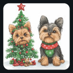 Christmas Yorkie Dogs Vierkante Sticker<br><div class="desc">Schattigee illustratie van Yorkshire Terrier Dogs klaar voor Kerstmis. Perfect voor dierenliefhebbers en hondenouders tijdens het vakantieseizoen.</div>