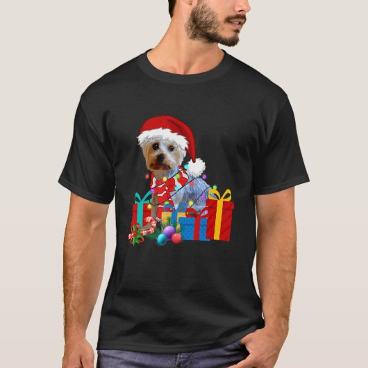 Christmas Yorkshire Terrier Dog Xmas Lights Santa  T-shirt (Voorkant)
