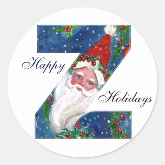 CHRISTMAS Z LETTER/SANTA CLAUS MET RED RIBBON RONDE STICKER (Voorkant)