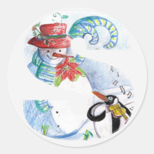 CHRISTMAS'S BRIEF, PENGUIN'S SERENADE MONOGRAM RONDE STICKER
