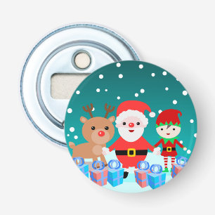 CHRISTMASTIEK WITH SANTA AND HIS FRIENDS BUTTON FLESOPENER