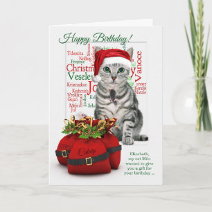 Christmastime Birthday Custom Tabby Cat Feestdagen Kaart