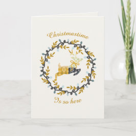 Christmastime Deer with Wreath Yellow Cream Feestdagen Kaart