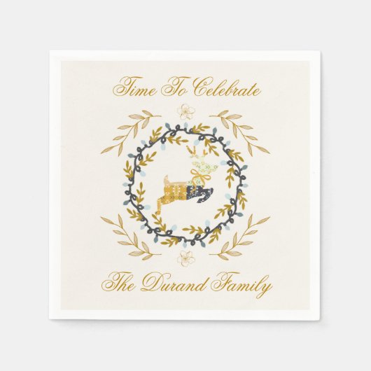 Christmastime Deer with Wreath Yellow Cream Servet (Voorkant)