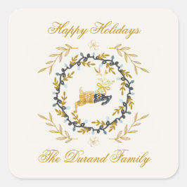 Christmastime Deer with Wreath Yellow Cream Vierkante Sticker