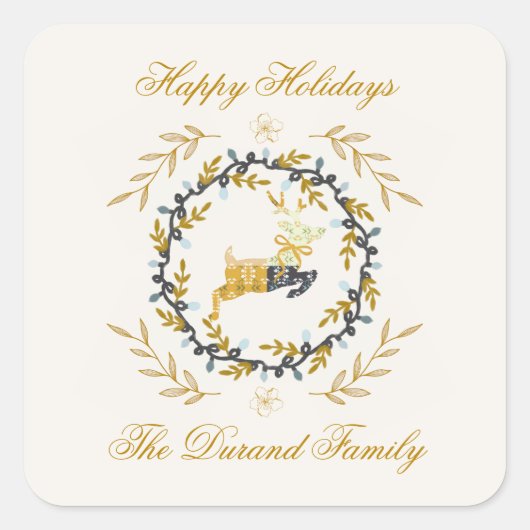 Christmastime Deer with Wreath Yellow Cream Vierkante Sticker (Voorkant)