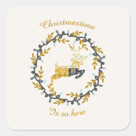 Christmastime Deer & Wreath Yellow Cream Vierkante Sticker