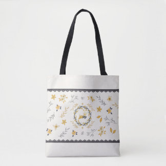 Christmastime Deer Yellow Cream Floral Blue Tote Bag