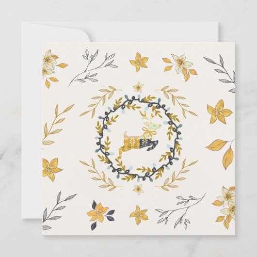 Christmastime Deer Yellow Cream Floral Flat Card (Voorkant)