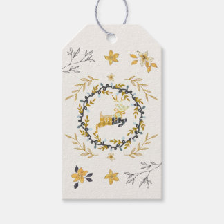 Christmastime Deer Yellow Cream Floral Gift Tag Cadeaulabel