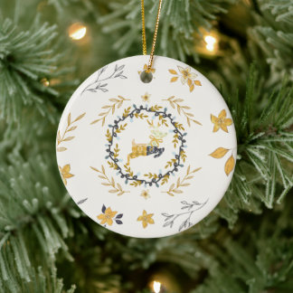 Christmastime Deer Yellow Cream Floral Keramisch Ornament