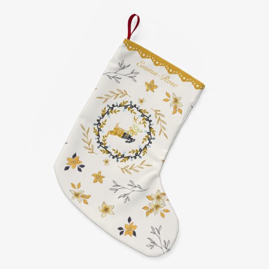 Christmastime Deer Yellow Cream Floral Kleine Kerstsok (Voorkant (Hangend))