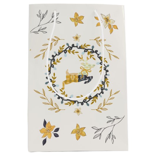 Christmastime Deer Yellow Cream Floral Medium Cadeauzakje (Voorkant)