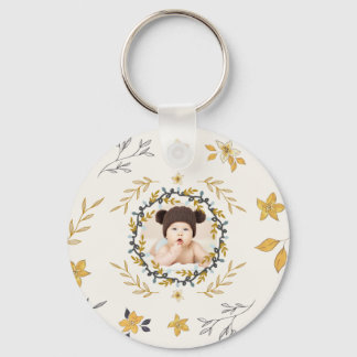 Christmastime Deer Yellow Cream Floral Photo Sleutelhanger