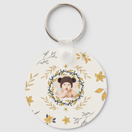 Christmastime Deer Yellow Cream Floral Photo Sleutelhanger (Voorkant)