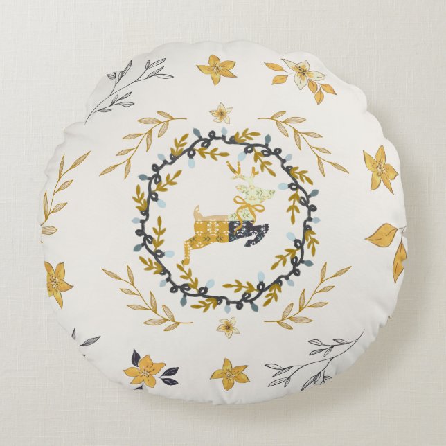 Christmastime Deer Yellow Cream Floral Rond Kussen (Voorkant)