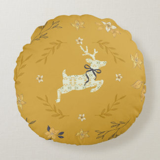 Christmastime Deer Yellow Floral Rond Kussen