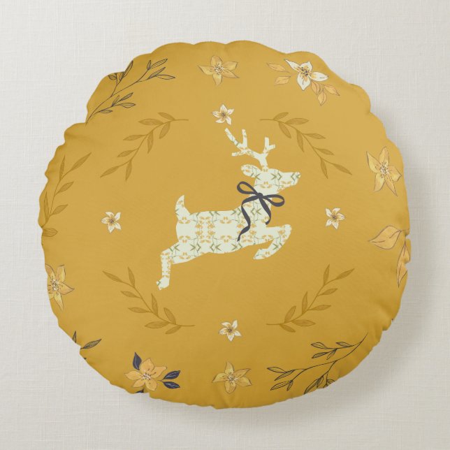 Christmastime Deer Yellow Floral Rond Kussen (Voorkant)