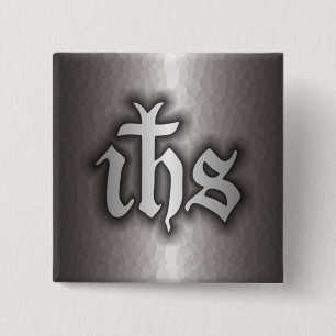 Christogram (IHS) Steel Vierkante Button 5,1 Cm