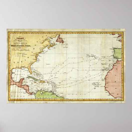 Christopher Columbus Voyage Map (1828) Poster (Voorkant)
