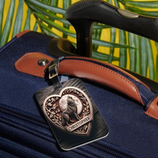 Christopher Wolf Howling op Maan in Hart Bagagelabel (Voorkant Insitu 1)